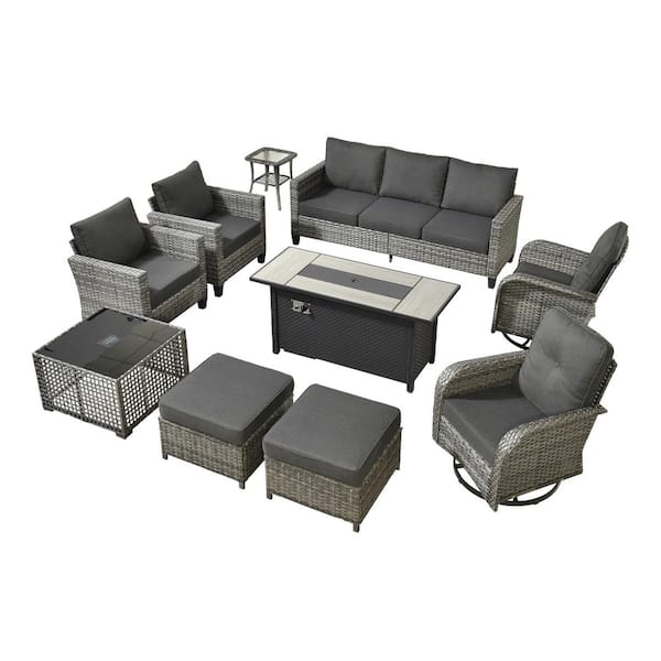 Scarlet 10-Piece Wicker Outdoor Fire Pit Patio Conversation Sofa Set with Swivel Chairs, a LED Table and Black Cushions