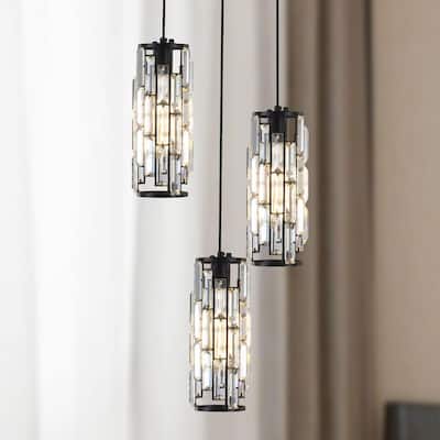 3-Light Black Cluster Cylinder Dimmable Crystal Pendant Light for Kitchen Island Dinning Room Bedroom