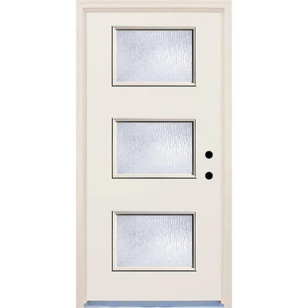 Builders Choice 36 in. x 80 in. Left-Hand 3 Lite Rain Glass Unfinished Fiberglass Raw Prehung Front Door with Brickmould