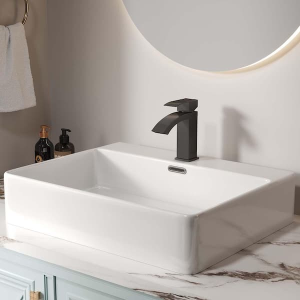 Modern Waterfall Single Handle Single Hole Bathroom Faucet Deck Mount Spot Resistant in Matte Black