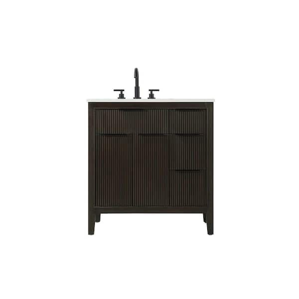 32 in. Single Sink Freestanding Chocolate Oak Bath Vanity with Marble White Engineered Marble Top