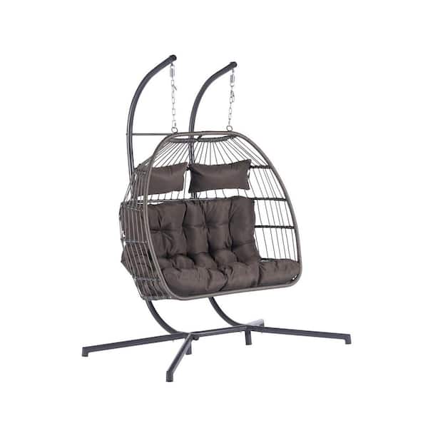 Miscool Anky 3.2 ft. D 2-Person Black Wicker Free Standing Hanging Egg Chair Patio Swings Hammock Chair with Dark Gray Cushions