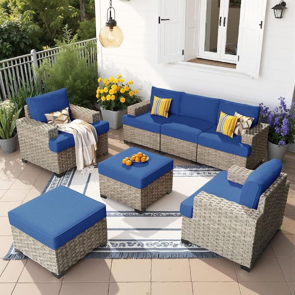 XIZZI Kairos 7-Pieces Wicker Outdoor Patio Conversation Seating Set with Navy Blue Cushions