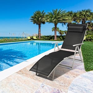 2-Pieces Cushioned Folding Metal Outdoor Chaise Lounge Chair Adjustable Recliner with Black Cushions