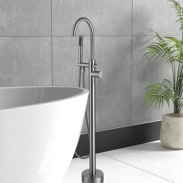 Single-Handle Freestanding Bathtub Faucet High-Arch with Handheld Shower in Brushed Nickel