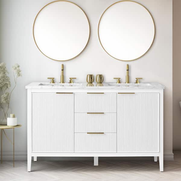 SUDIO Emma 54 in. W Bath Vanity in White with Engineered Stone Top in Arabescato with White Sinks