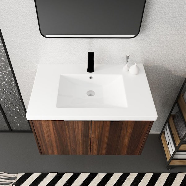 Floating Bathroom Storage Cabinet With Sliding Doors, Solid Walnut 