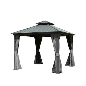 10 ft. x 10 ft. Pop-Up Canopy Hardtop Gazebo Aluminum Metal with Curtain and Netting Galvanized Double Roof Pavilion