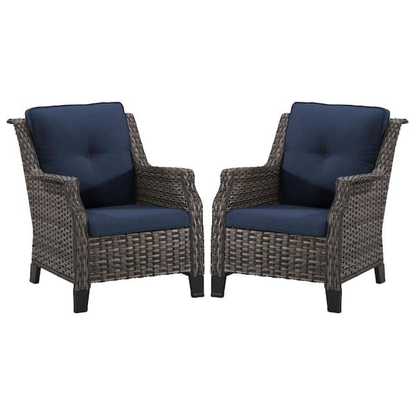 2-Piece Wicker Chairs, Patio Furniture Sets, with Blue Cushion