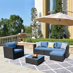 King 6-Piece Big Size Wicker Outdoor Patio Conversation Seating Set with Blue Cushions