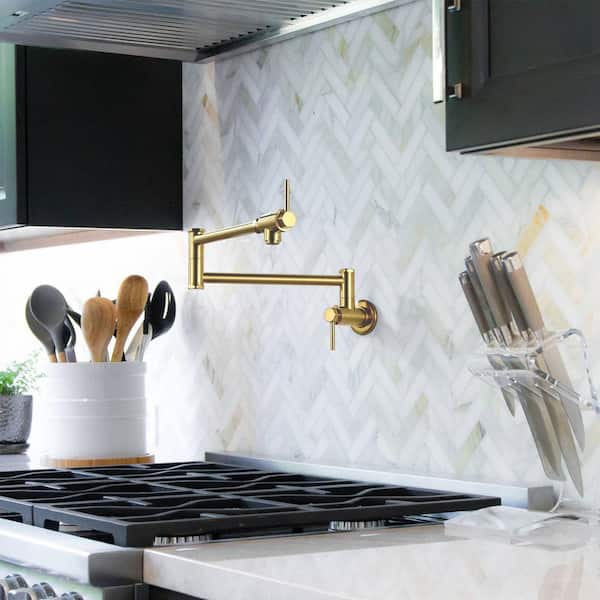 Commercial Solid Brass Wall Mounted Pot Filler Faucet with Double-Joint Swing Arm in Brushed Gold