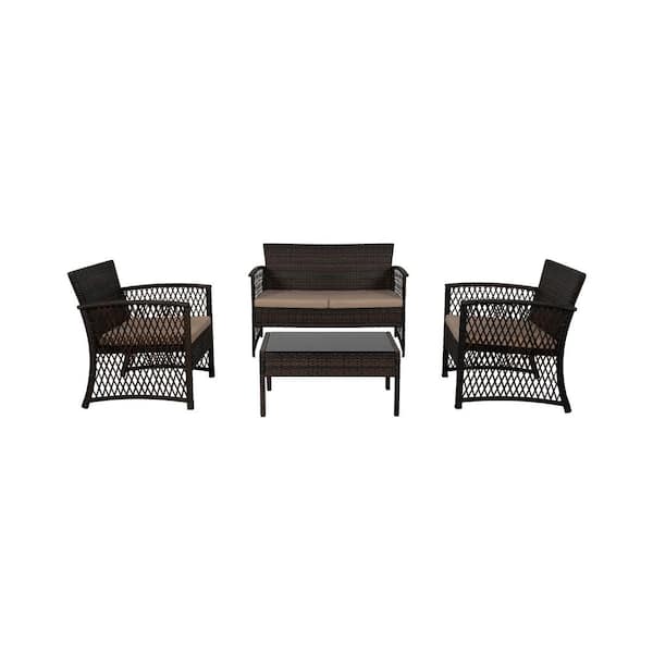WESTIN OUTDOOR Highland Coffee 4-Piece Patio Woven Rattan Wicker Sofa Set with Beige Cushions
