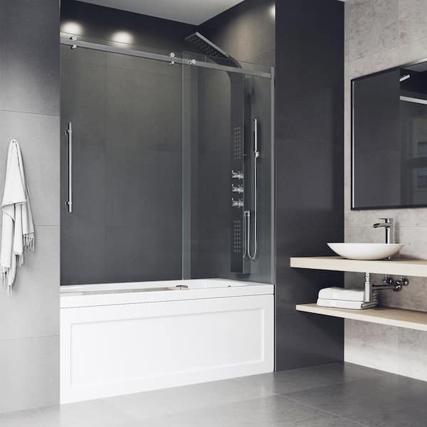 VIGO Luca 56 to 60 in. W x 58 in. H Sliding Frameless Tub Door in Chrome with 3/8 in. (10mm) Clear Glass
