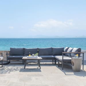 7-Piece Aluminum Outdoor Patio Conversation Sectional Sofa Set with Black Cushions