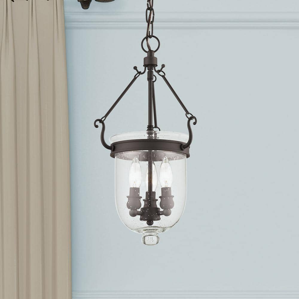 Bronze Seeded Glass 3-Light Indoor/Outdoor Bell Jar Lantern