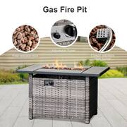 Shasta Gray 4-Piece Wicker Patio Rectangular Fire Pit Set with Black Cushions and Swivel Rocking Chair