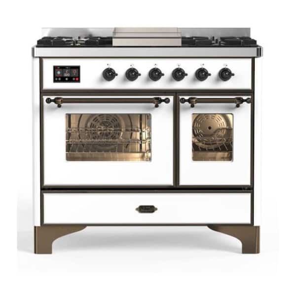 Majestic II 40 in. Double Oven Dual Fuel Range with 6 Sealed Burners, Glass Door, Burnished Trim in White