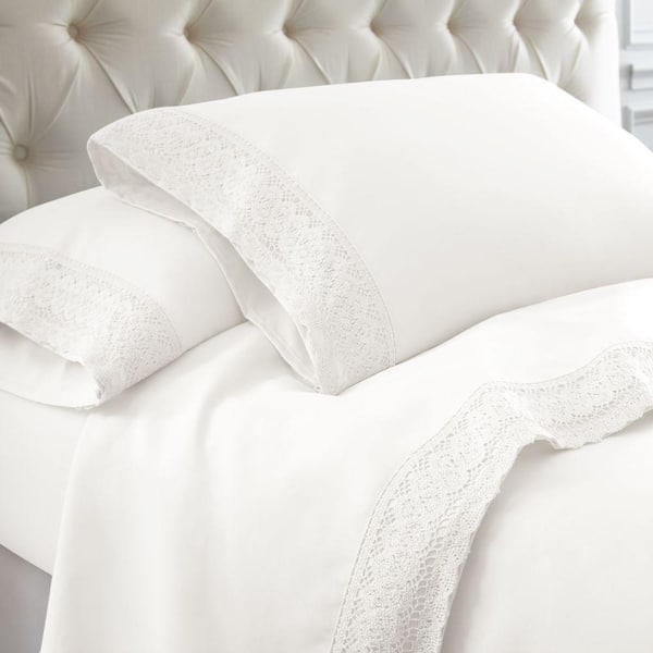 THE URBAN PORT Udine 4-Piece White Queen Size Microfiber Sheet Set with Crochet Lace