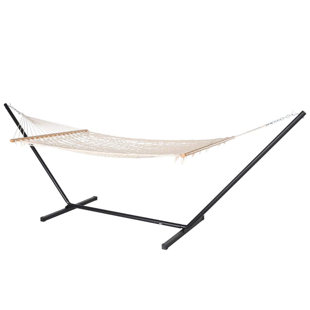 Striped Red and Beige Metal Stand 2-Person Hammock with Pillow