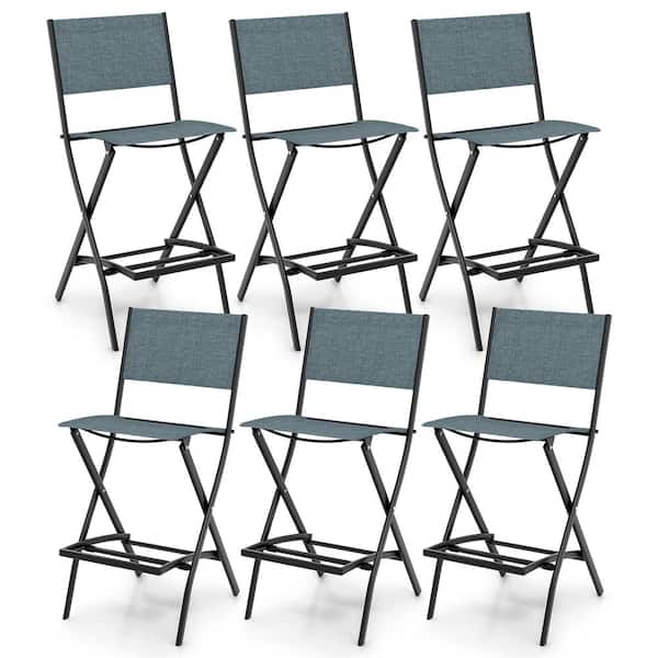 Gymax Folding Metal Outdoor Bar Stools Set of 6 Patio Sling Chairs with Backrest Humanized Footrest Blue