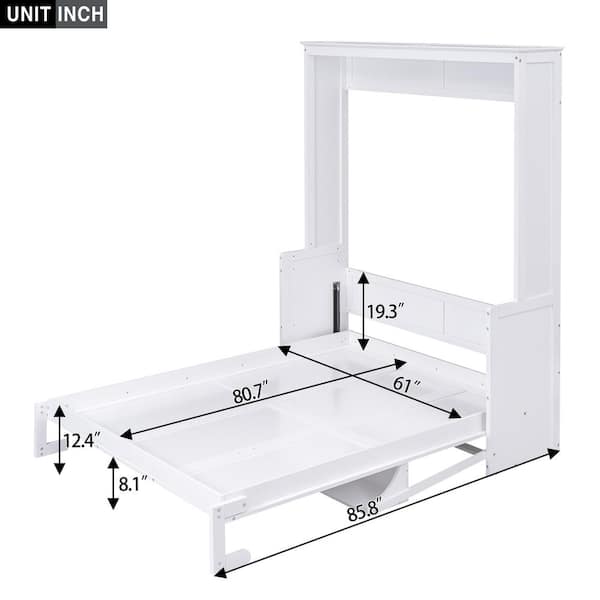 White Wooden Frame Queen Size Murphy Bed with a Storage Shelf