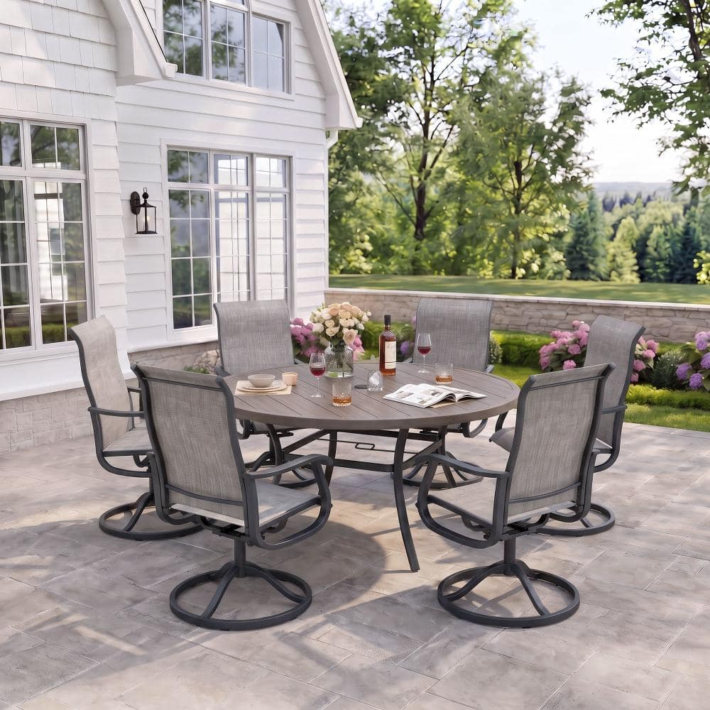 7-Piece Metal Outdoor Patio Dining Set with Round Table and High Back Padded Textilene Swivel Chairs in Gray price history on PriceWatchPro