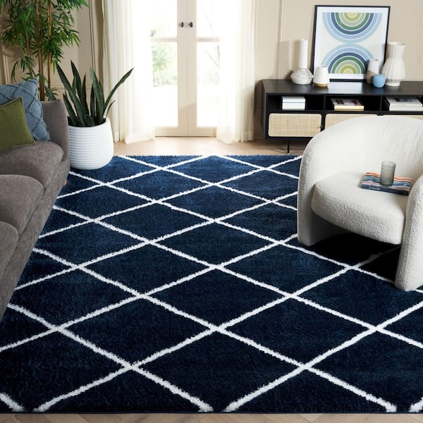 Tahoe Shag 9 ft. x 12 ft. Navy/White Diamond Abstract Area Rug