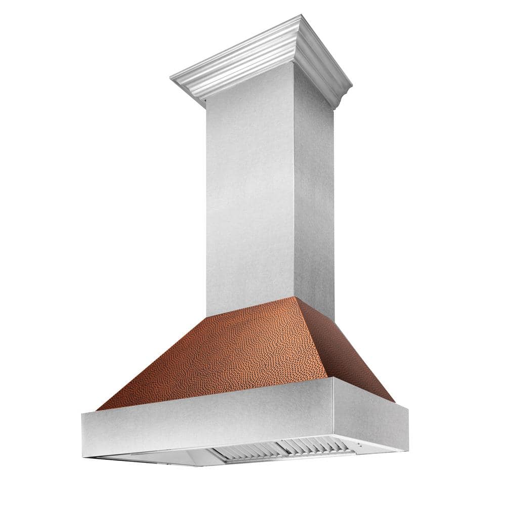 30 in. Ducted Satin Stainless Steel Wall Mount Range Hood with Hand-Hammered Copper Shell