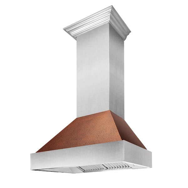 30 in. Ducted Satin Stainless Steel Wall Mount Range Hood with Hand-Hammered Copper Shell