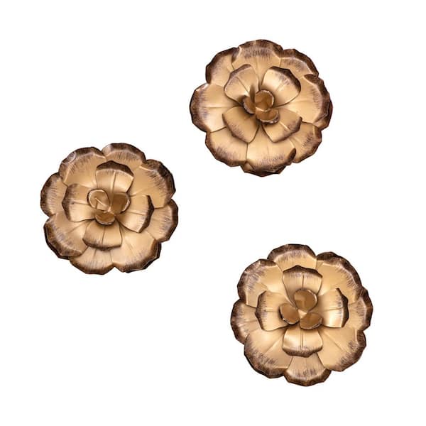 HABITAT DECOR Zinnias Bronze Flowers Iron Wall Art Set of 3