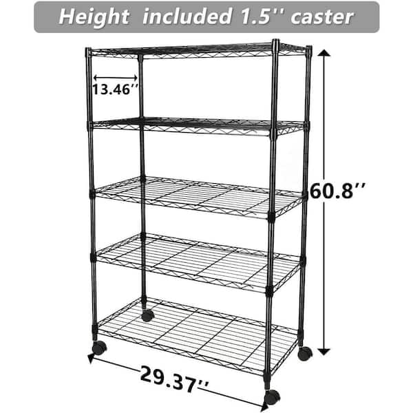 5-Tier Shelf Wire Shelving Racks with Casters Hooks Kitchen Steel Storage Shelf  Rack, Sturdy Metal Shelves Unit Organizer for Home Office 23.2 x 13.8 x 72  Silver 