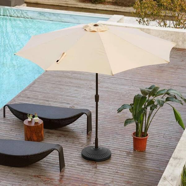 freestanding patio umbrella with base Cabana 9 ft. Table Bronze color round free standing weight kit Four hidden wheels underneath make the difference 8 lbs. Plastic Round Free