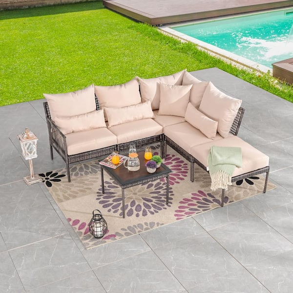 Patio Festival 6-Piece Wicker Outdoor Conversation Set with Beige Cushions