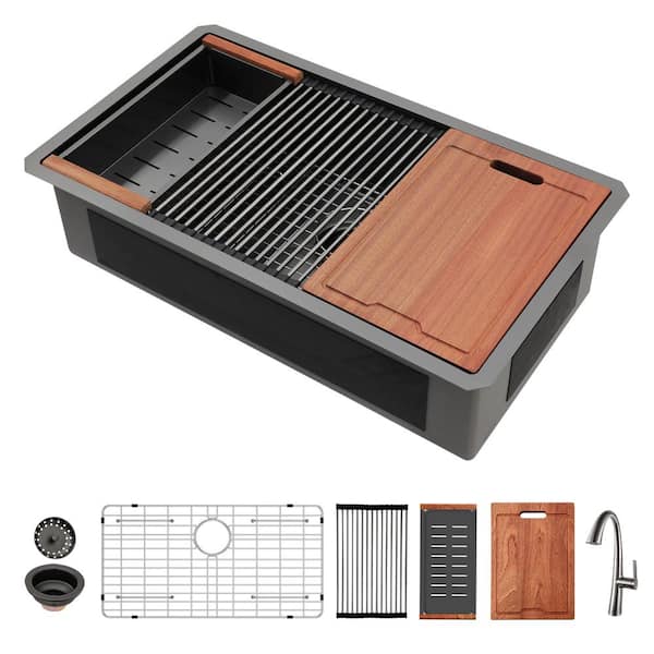 Sarlai 33 in. Undermount Single Bowl 16 Gauge Gunmetal Black Stainless Steel Workstation Kitchen Sink w/ Faucet and Bottom Grid