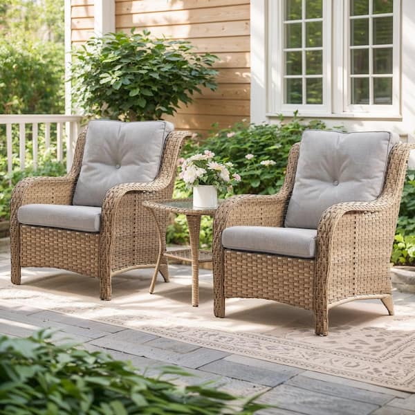 Curved Arm Patio Yellow Wicker Outdoor Lounge Chair with Beige Olefin Cushions and Curved Armrest (4-Piece)
