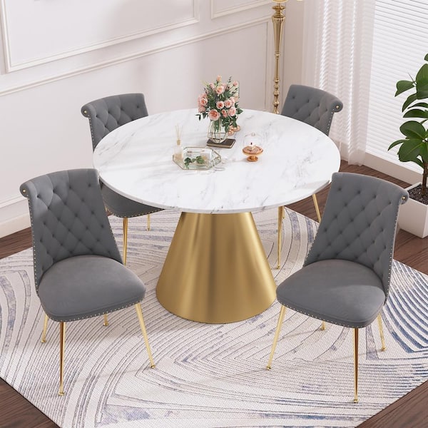 Boyel Living 5-Piece Round Stainless Steel White and Gold Marble Top Table Set Seats 4 (4 Gray Dining Chairs)
