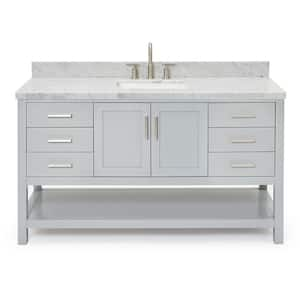 Magnolia 61 in. W x 22 in. D x 36 in. H Bath Vanity in Grey with Carrara Marble Vanity Top in White with White Basin