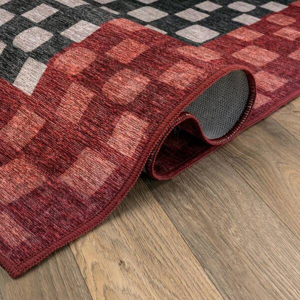 Checkerboard Panel Slate Machine Washable Polyester Non-Slip Backing 2 ft. x 8 ft. Gray Area Rug
