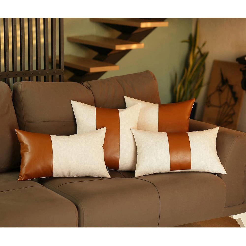 Set of 2 Brown and Beige Faux Leather Rectangular Throw Pillows