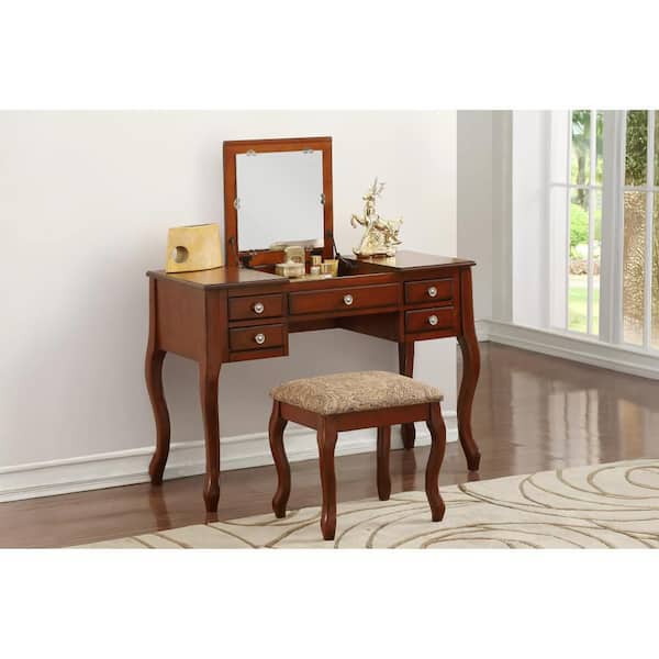 Benjara Cherub Cherry Brown Vanity Set Featuring Stool and Flip-Up Mirror