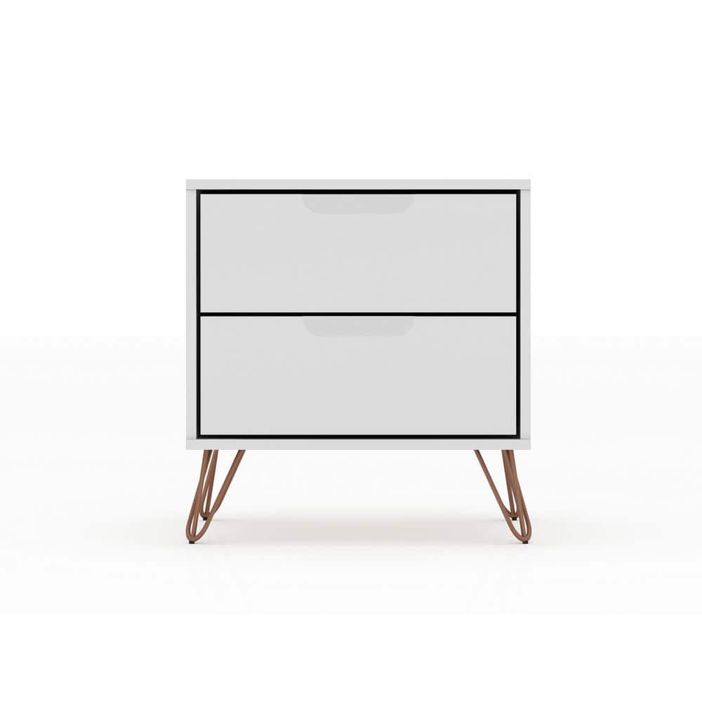 Rockefeller 2-Drawer White Wood Nightstands with Metal Legs, Set of 2