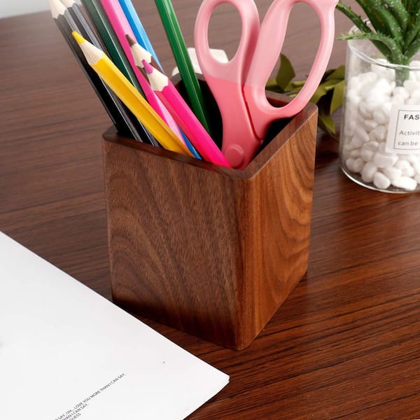 Wood Pen Holder Black Walnut Finish Desk Pencil Cup Organizer