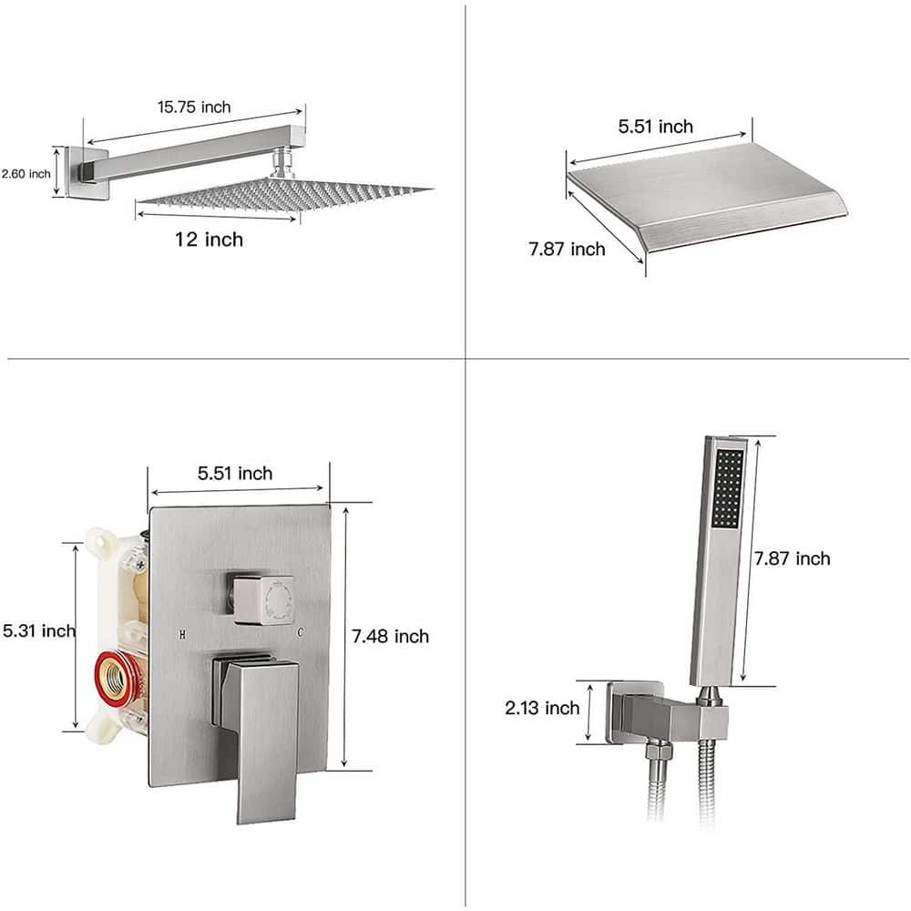 Brushed Nickel 12-Inch Square Rain Shower System with Handheld and Tub Spout