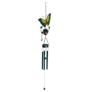48 in. Blue Metal Hanging Outdoor Butterfly Wind Chime with Solar-Powered LED Lights