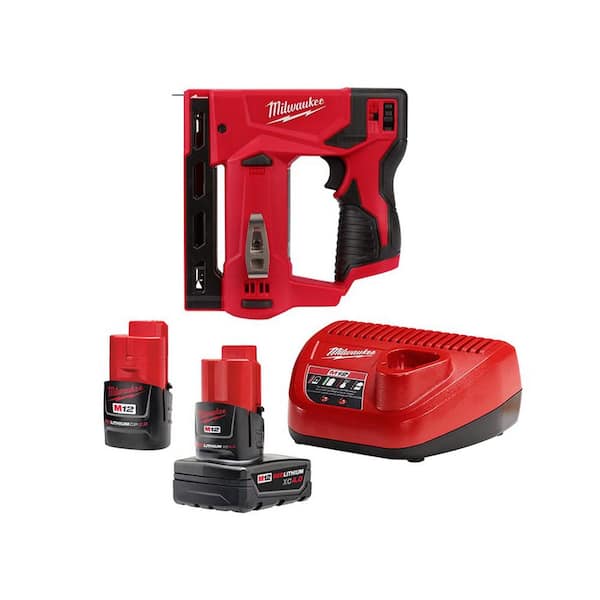 Milwaukee M12 12-Volt Lithium-Ion 4.0 Ah and 2.0 Ah Battery Packs and Charger Starter Kit w/ 3/8 in. Crown Stapler