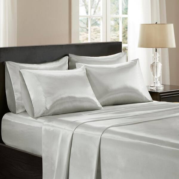 Madison Park Satin 6-piece Light Grey Solid Polyester Full Luxury Sheet 