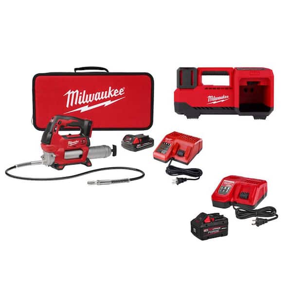 M18 18V Lithium-Ion Cordless Grease Gun 2-Speed with (1) 1. 5Ah Batteries, M18 Inflator, & 8.0 Ah Starter Kit