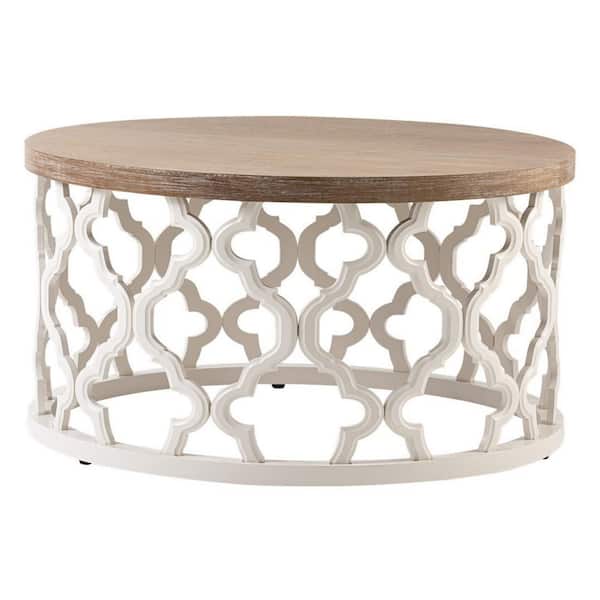 FUIN 30 in. Natural/White Round MDF Wood Top Coffee Table with Frame Base