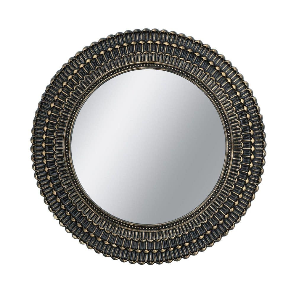 D26. 5 in. Round Black And Gold Wooden Accent Mirror With Woven Texture price history on PriceWatchPro