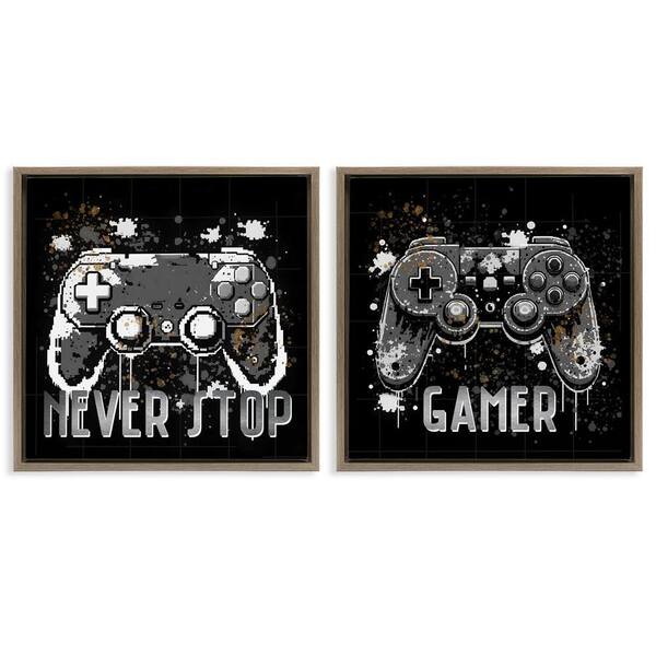 Never Stop Modern Gamer by Kim Allen 2 Pieces Brown Floater Frame Typography Graphic Art Print 25 in. x 25 in.